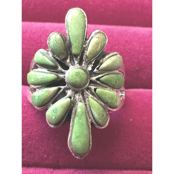 Green Sonoran Lime Turquoise Floral 925 Sterling Silver Adjustable Ring Size 8 - Picture 1 of 6